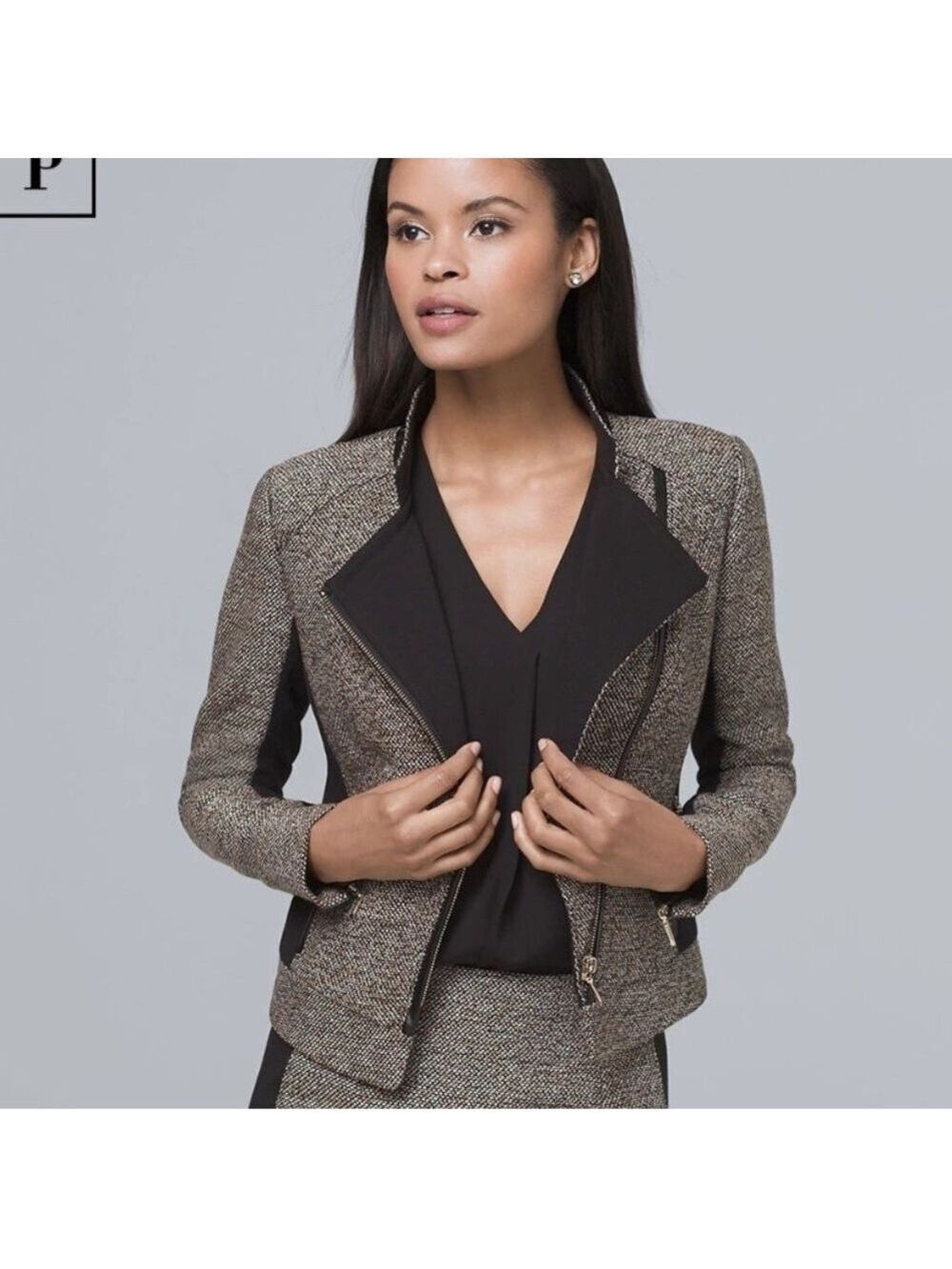 WHBM-10 petite Faux Leather-Trim/Tweed zippered moto jacket/blazer. EUC like new